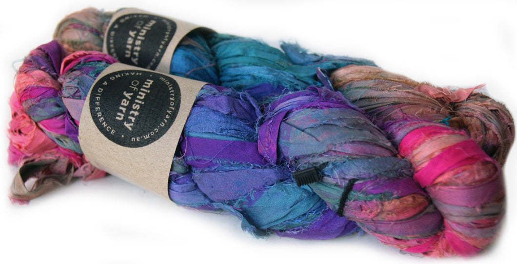 Cornflower colour multicolour recycled sari ribbon yarn