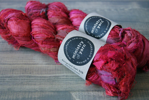 Deep Red sari silk ribbon yarn recycled