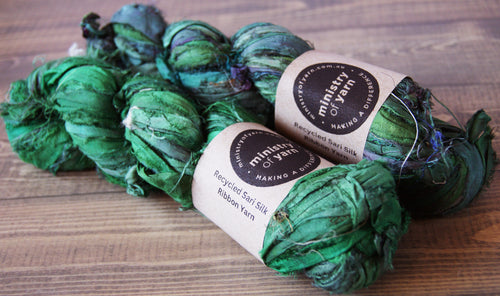 Deep Green sari silk ribbon yarn recycled