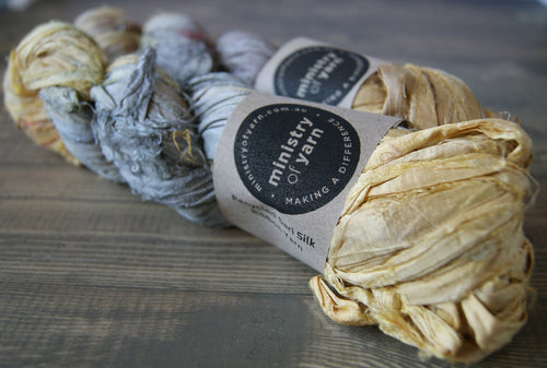 Soft Grey and Yellow sari silk ribbon yarn recycled