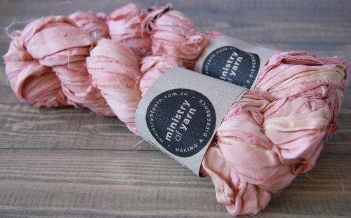 Salmon Pink sari silk ribbon yarn recycled