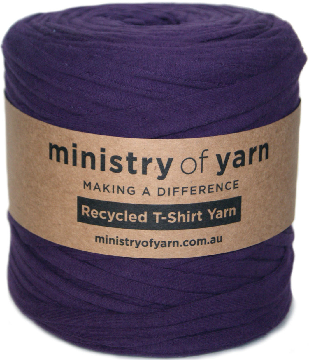 A roll of purple recycled T-shirt yarn wrapped with a brown paper label that reads 'ministry of yarn'.