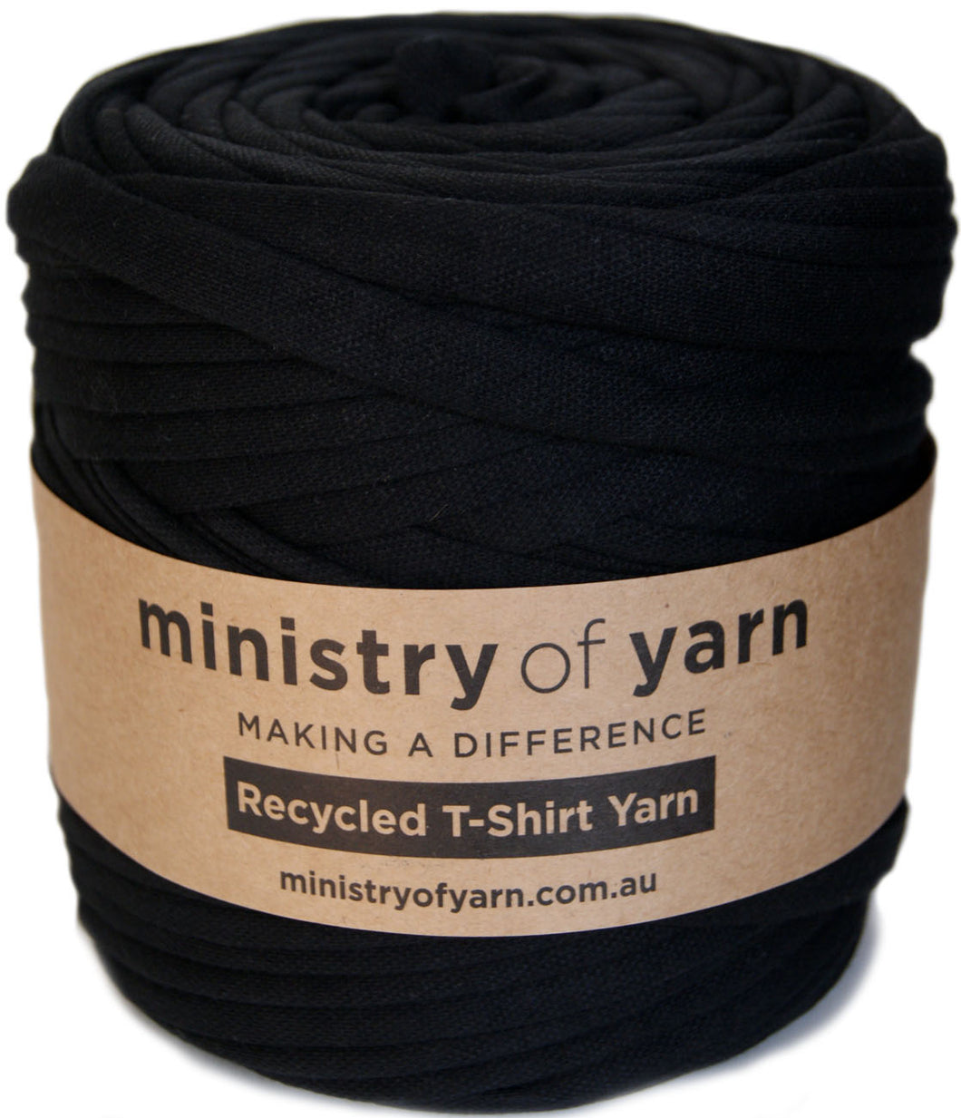 Black yarn ball with 'ministry of yarn' label on a white background