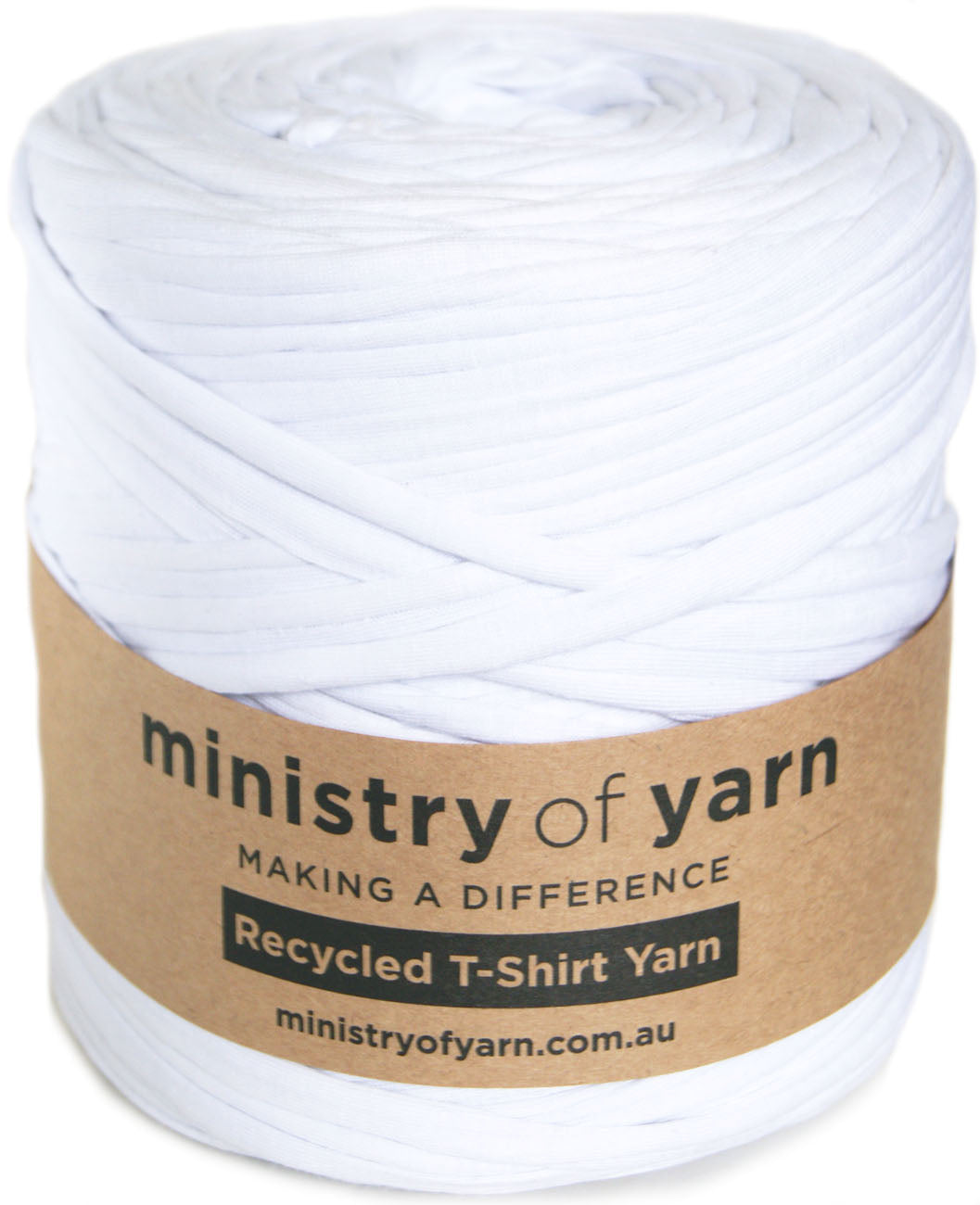 A roll of white recycled T-shirt yarn wrapped with a brown paper label that reads 'ministry of yarn' and 'Recycled T-Shirt Yarn'.