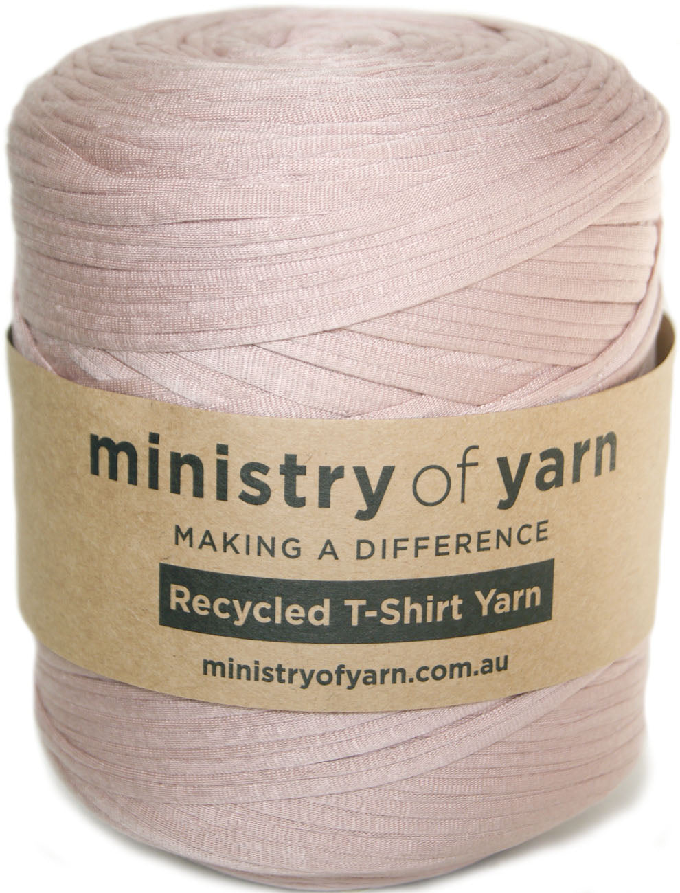 A ball of dusty pink recycled T-shirt yarn wrapped with a brown paper label that reads 'ministry of yarn' and 'Recycled T-Shirt Yarn'.