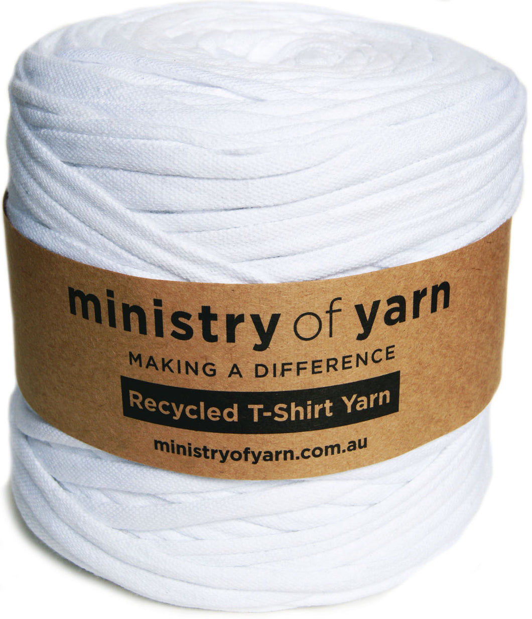 A roll of white recycled T-shirt yarn wrapped with a brown kraft paper label that reads 'ministry of yarn' and 'Recycled T-Shirt Yarn'.