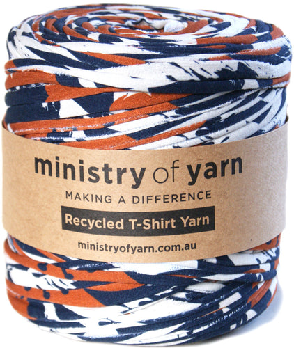Brown blue and white patterned recycled tshirt yarn Australia Ministry of Yarn