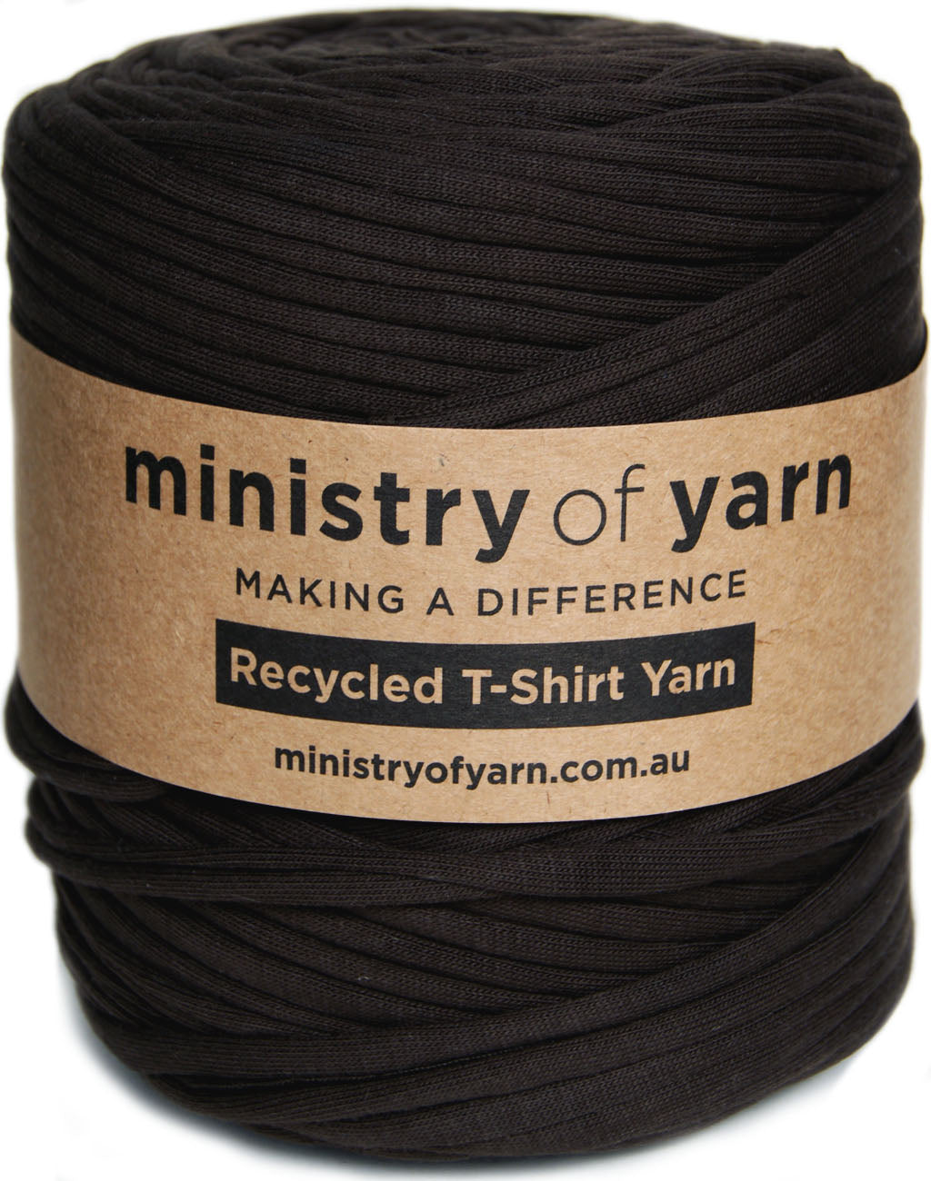 A large spool of dark brown recycled T-shirt yarn wrapped with a brown kraft paper label that reads 'ministry of yarn' and 'Recycled T-Shirt Yarn'.