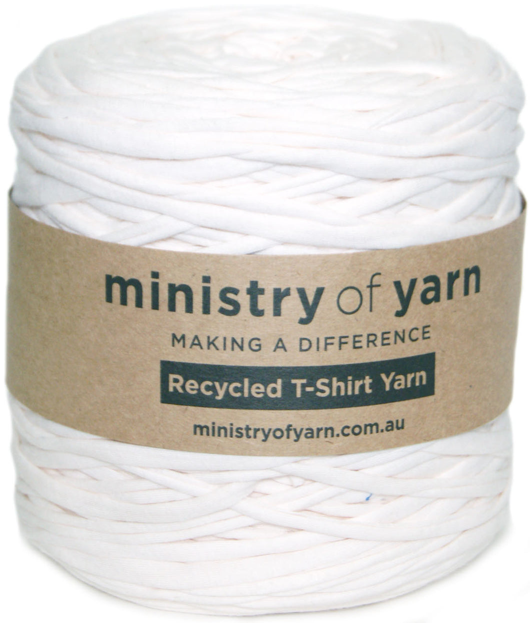 A spool of white recycled T-shirt yarn wrapped with a brown kraft paper label that reads 'ministry of yarn'.