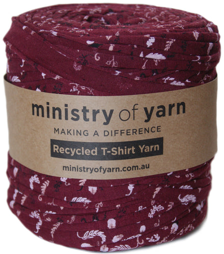 Burgundy leaf patterned tshirt yarn Australia recycled Ministry of Yarn