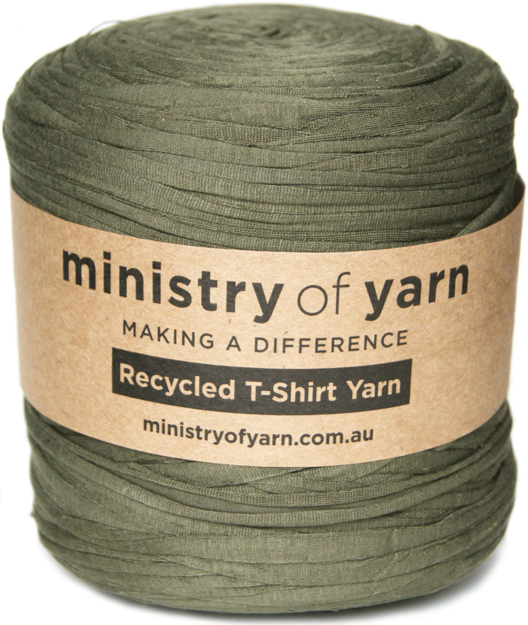 A spool of olive green recycled t-shirt yarn wrapped with a brown paper label that reads 'ministry of yarn'.