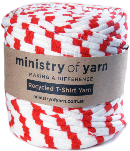Red and white striped recycled tshirt yarn Australia Ministry of Yarn
