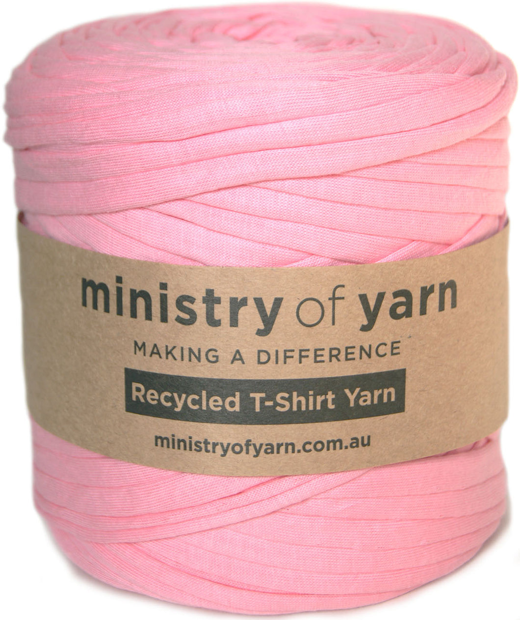A skein of pink recycled T-shirt yarn wrapped in a brown paper label that reads 'ministry of yarn' and 'Recycled T-Shirt Yarn'.