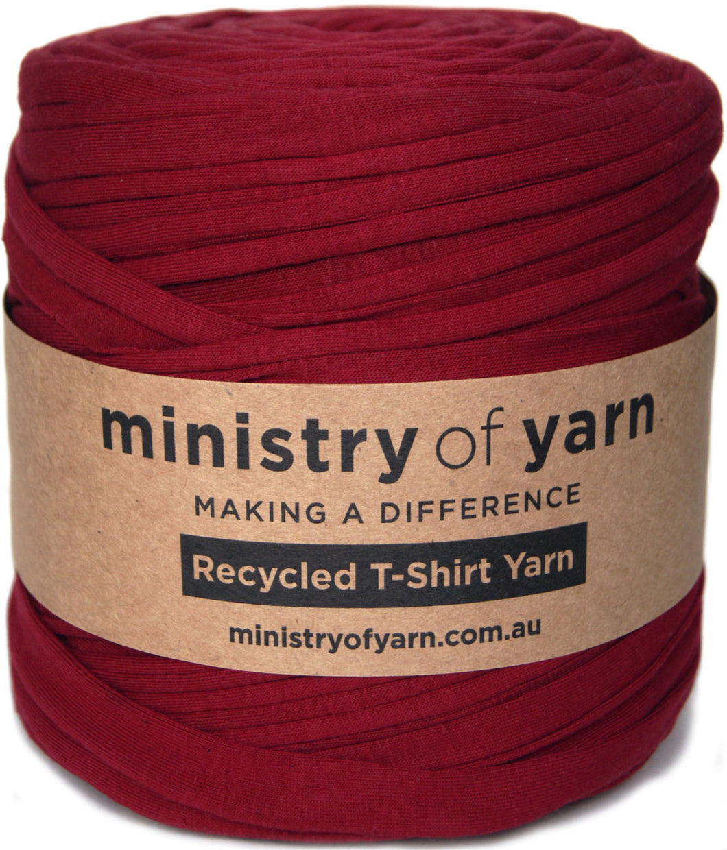 A ball of deep red recycled t-shirt yarn wrapped with a brown paper label that reads 'ministry of yarn' and 'Recycled T-Shirt Yarn'.