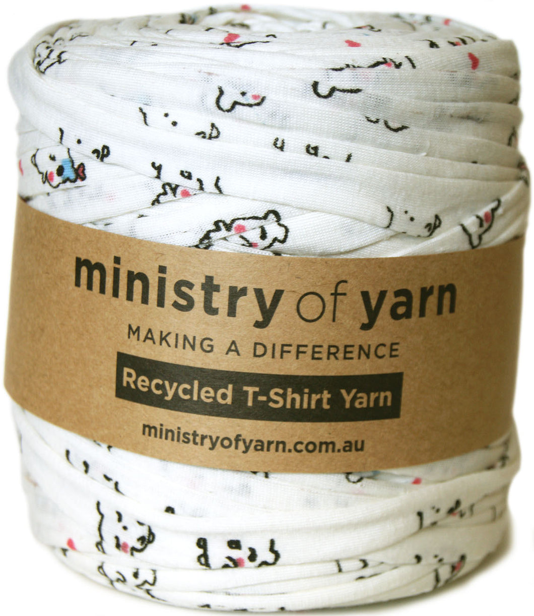 White recycled tshirt yarn with small bear print Ministry of Yarn Australia