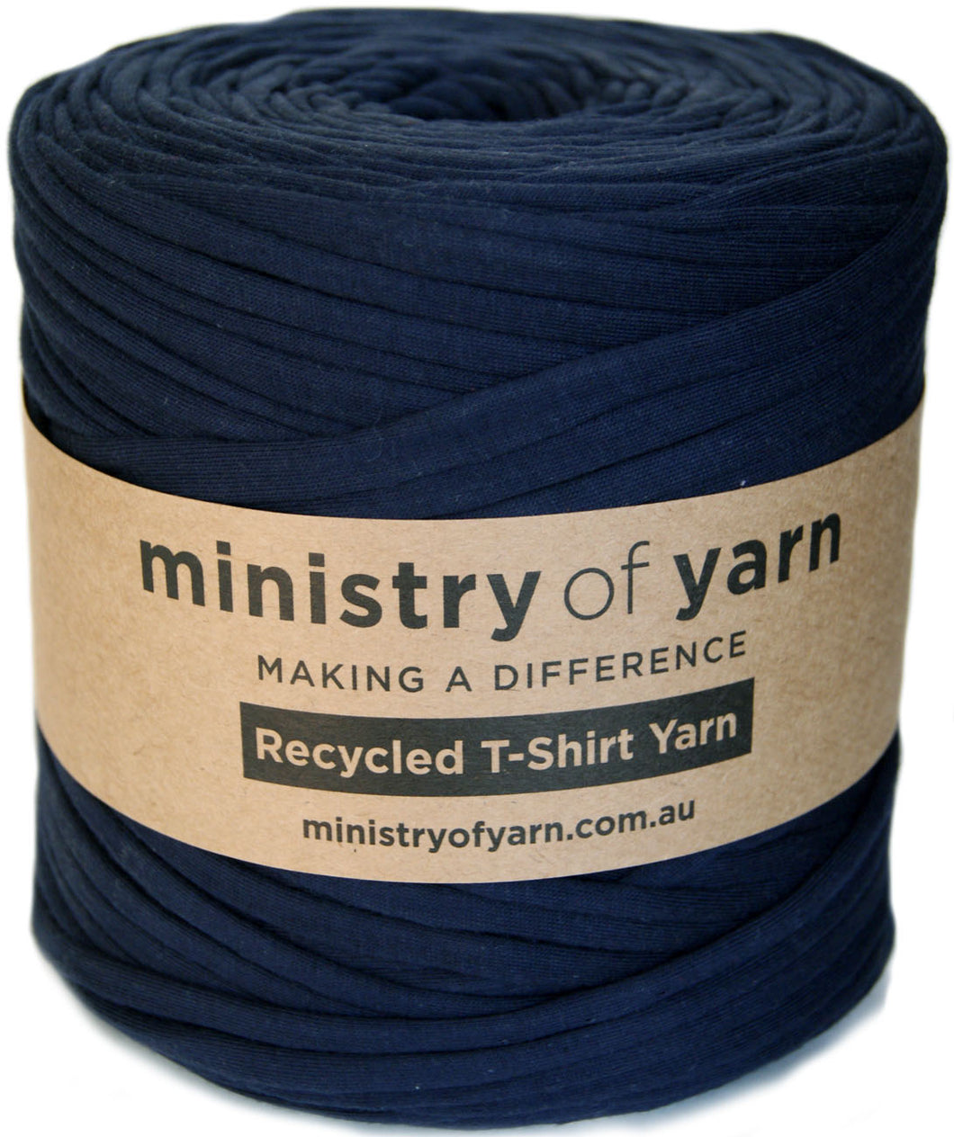 Spool of navy blue yarn with 'ministry of yarn' label on a white background