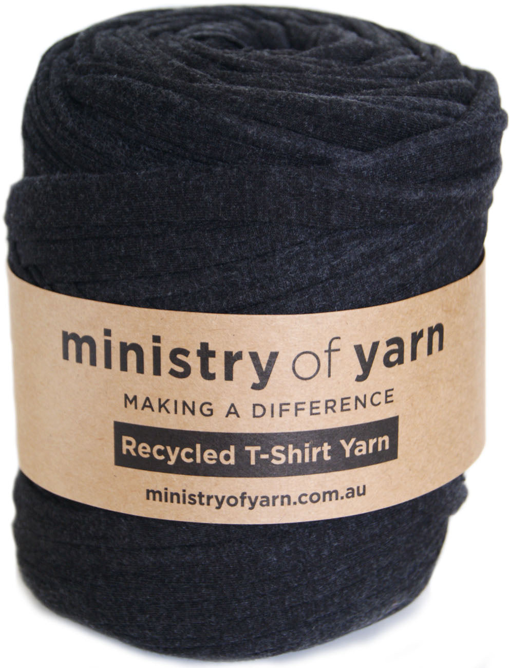 A roll of dark charcoal gray recycled T-shirt yarn wrapped with a brown paper label that reads 'ministry of yarn'.