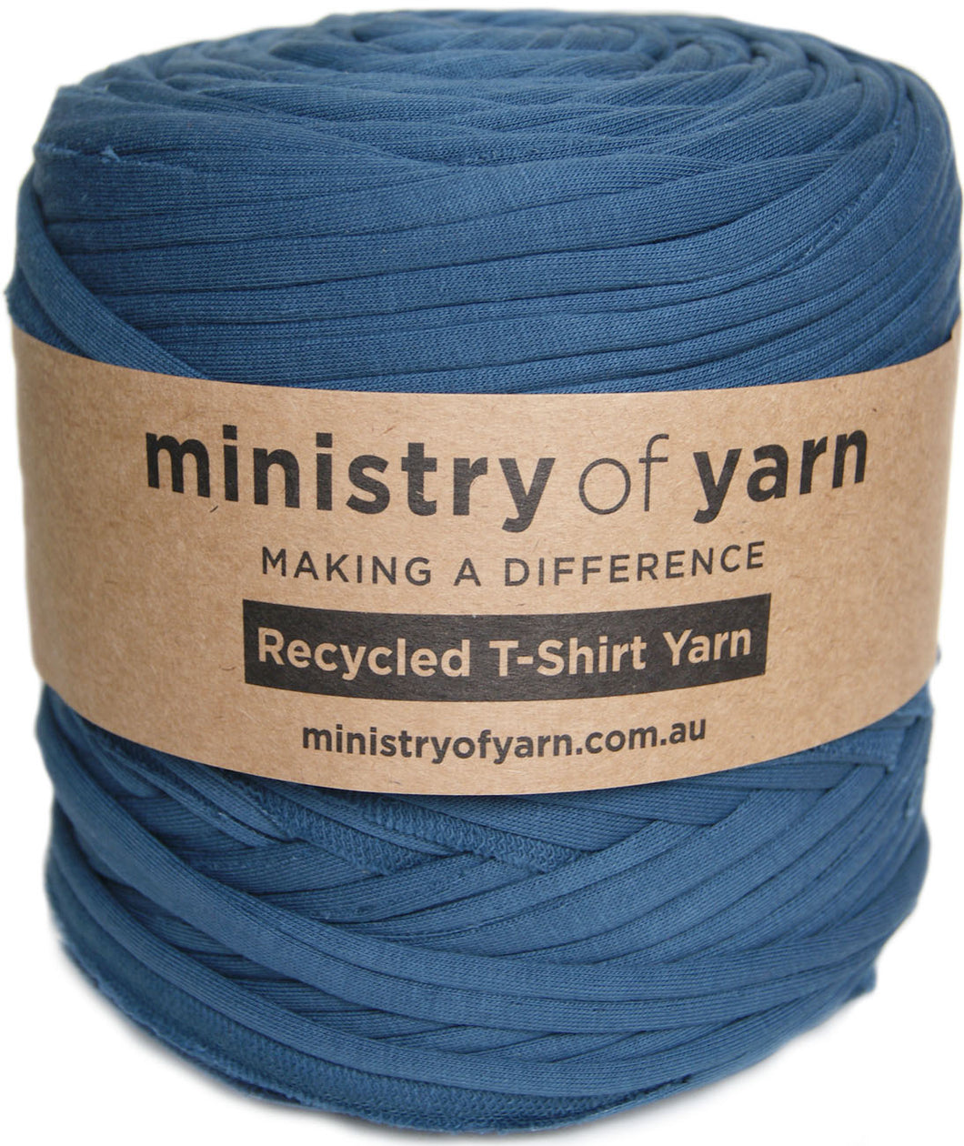 A skein of blue recycled T-shirt yarn wrapped in a brown kraft paper label that reads 'ministry of yarn'.