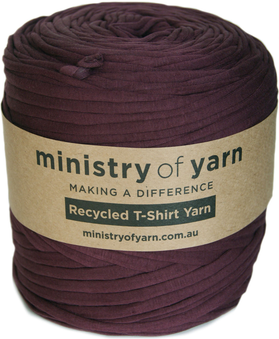 Spool of purple yarn with 'ministry of yarn' label on a white background