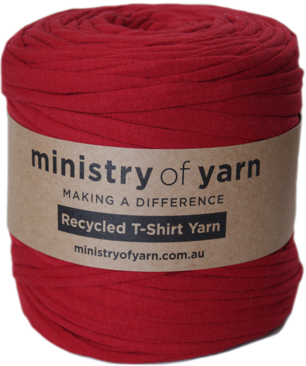 Roll of dark red recycled tshirt yarn Australia Ministry of Yarn
