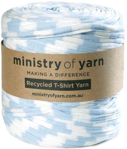 light blue and white striped recycled tshirt yarn Australia Ministry of Yarn
