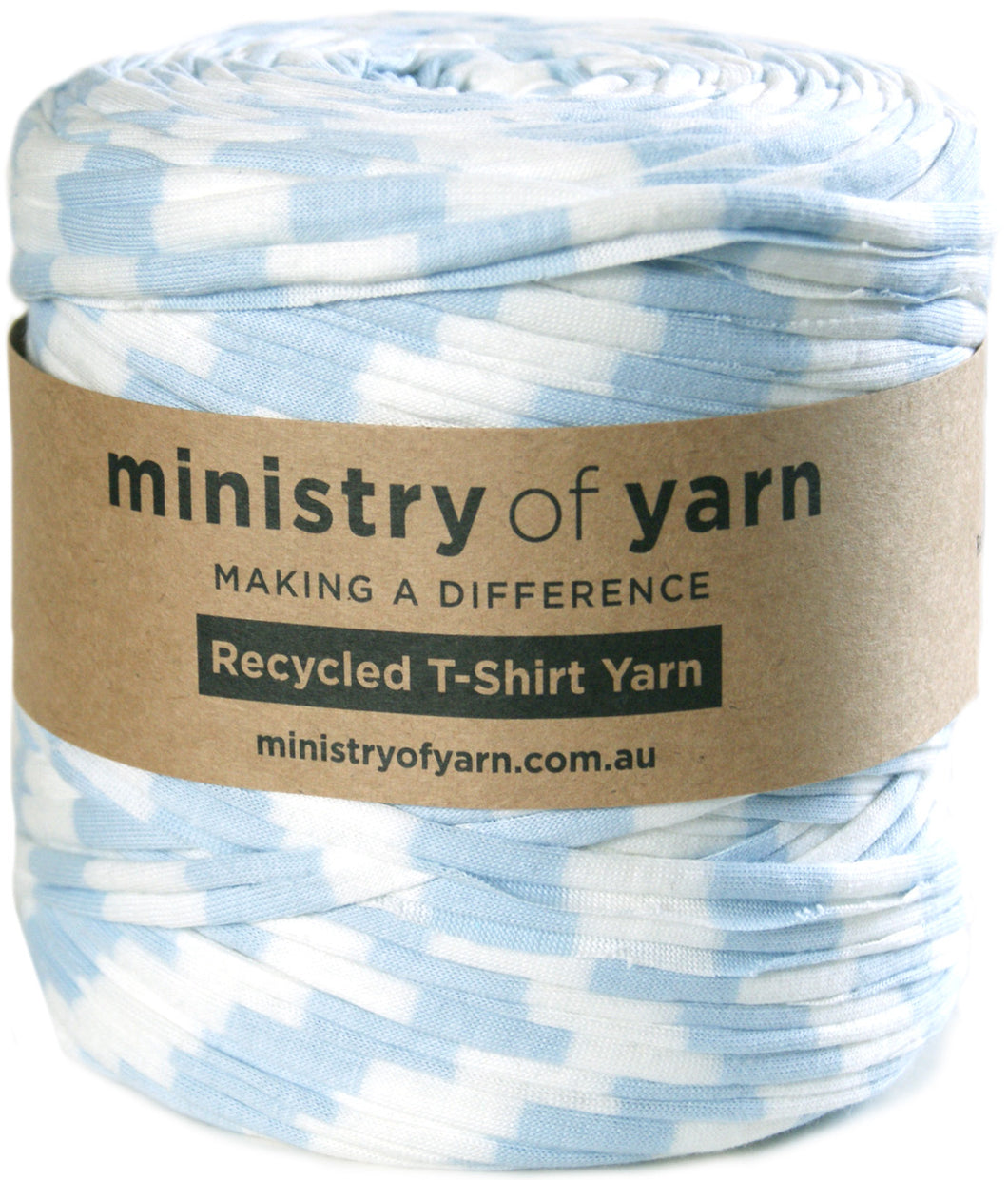 light blue and white striped recycled tshirt yarn Australia Ministry of Yarn