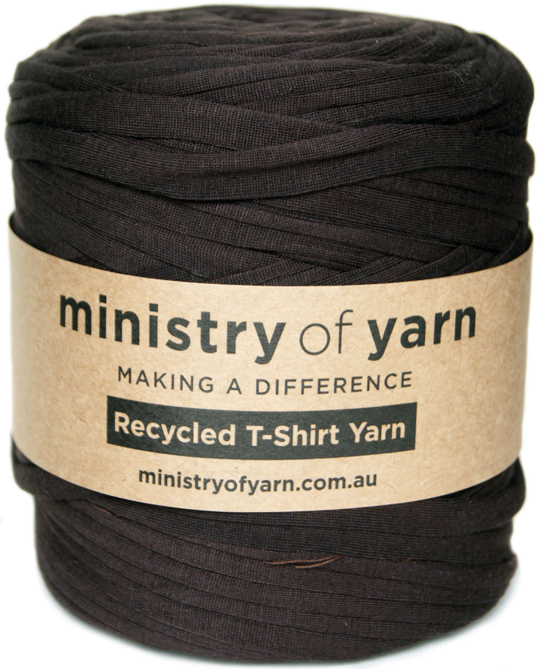 A large spool of dark brown recycled T-shirt yarn wrapped with a kraft paper label that reads 'ministry of yarn'.