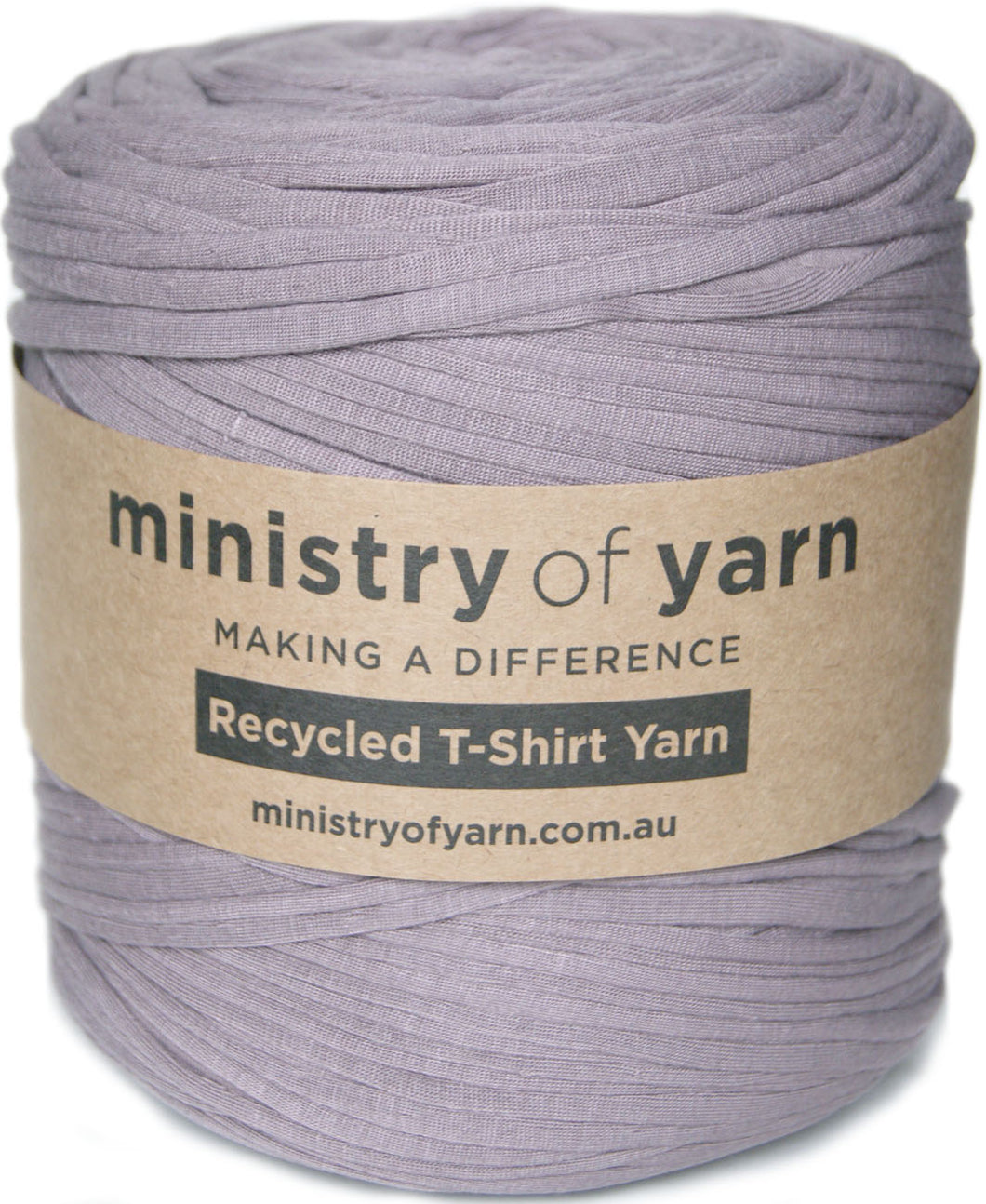 A large spool of dusty purpleish-brown recycled T-shirt yarn wrapped with a brown paper label that reads 'ministry of yarn' and 'Recycled T-Shirt Yarn'.