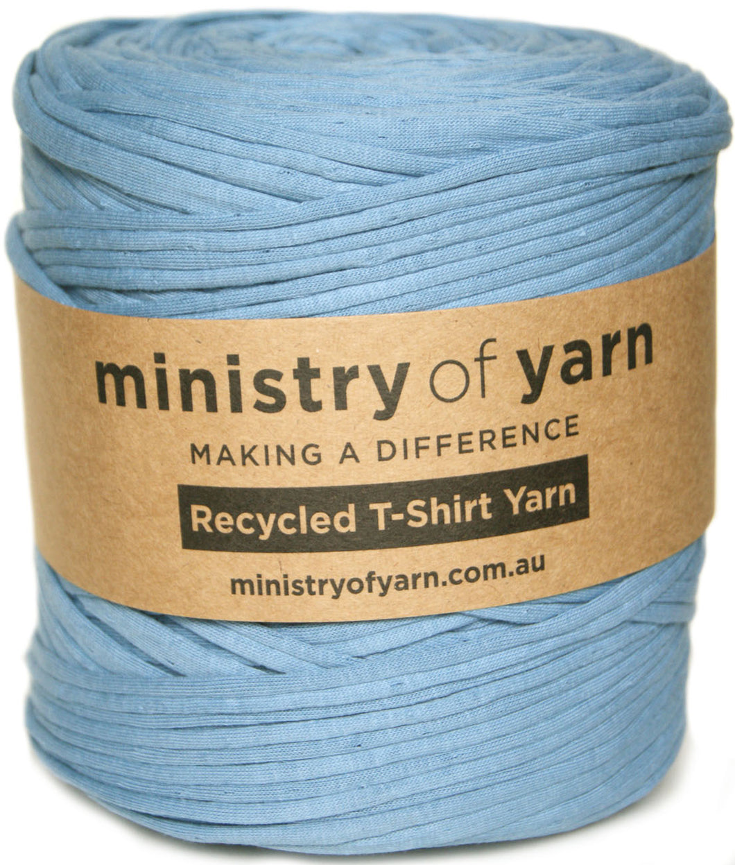 A spool of light blue recycled T-shirt yarn wrapped with a brown paper label that reads 'ministry of yarn'.