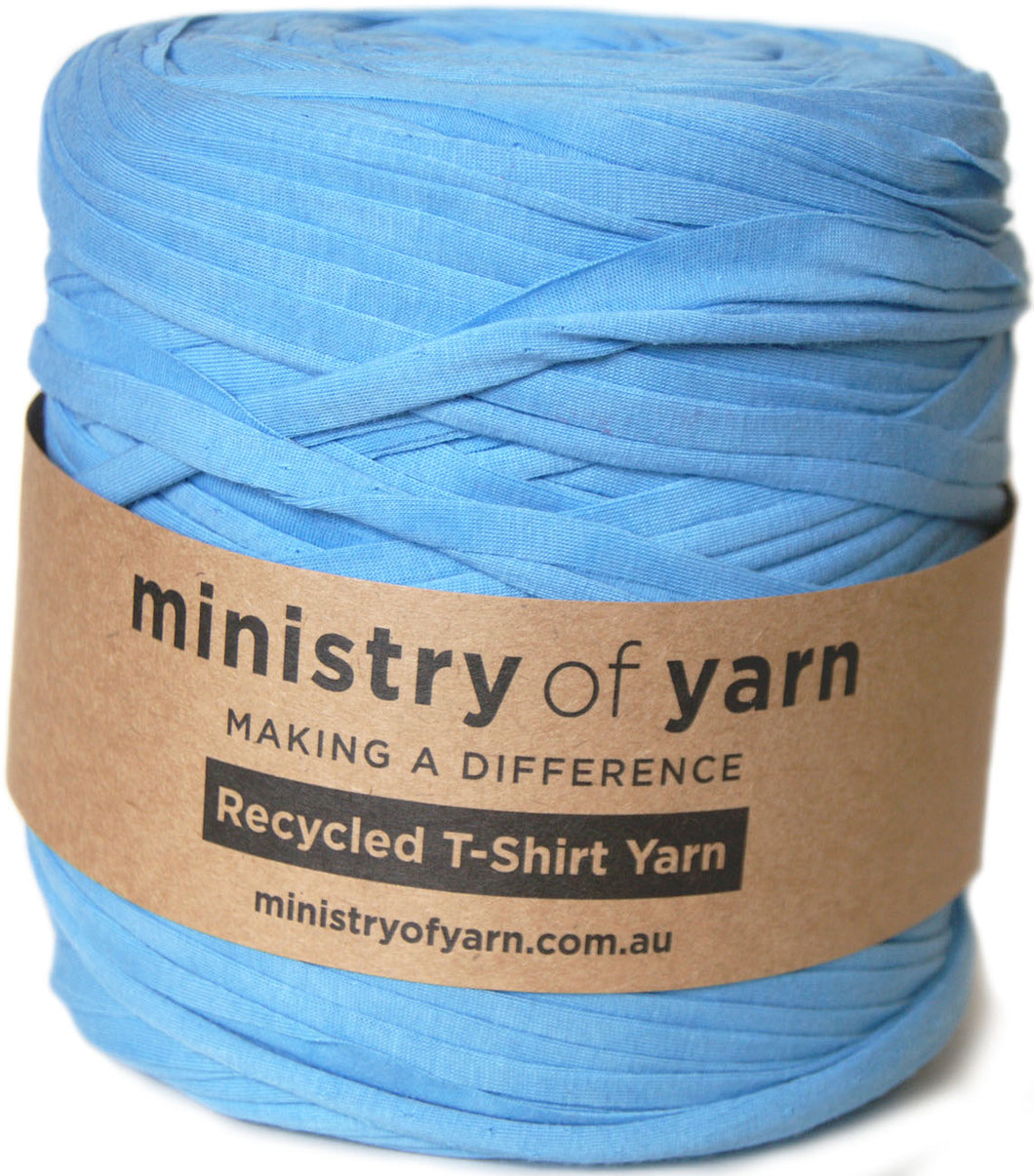 A skein of light blue recycled T-shirt yarn wrapped in a brown paper label that reads 'ministry of yarn'.
