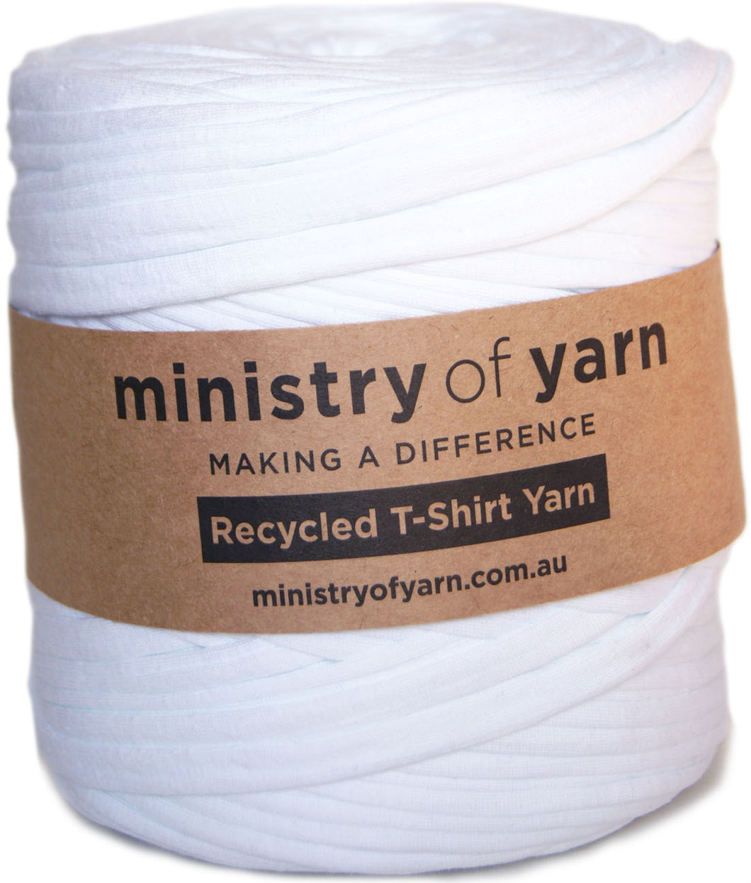 A roll of white recycled T-shirt yarn wrapped with a brown paper label that reads 'ministry of yarn' and 'Recycled T-Shirt Yarn'.
