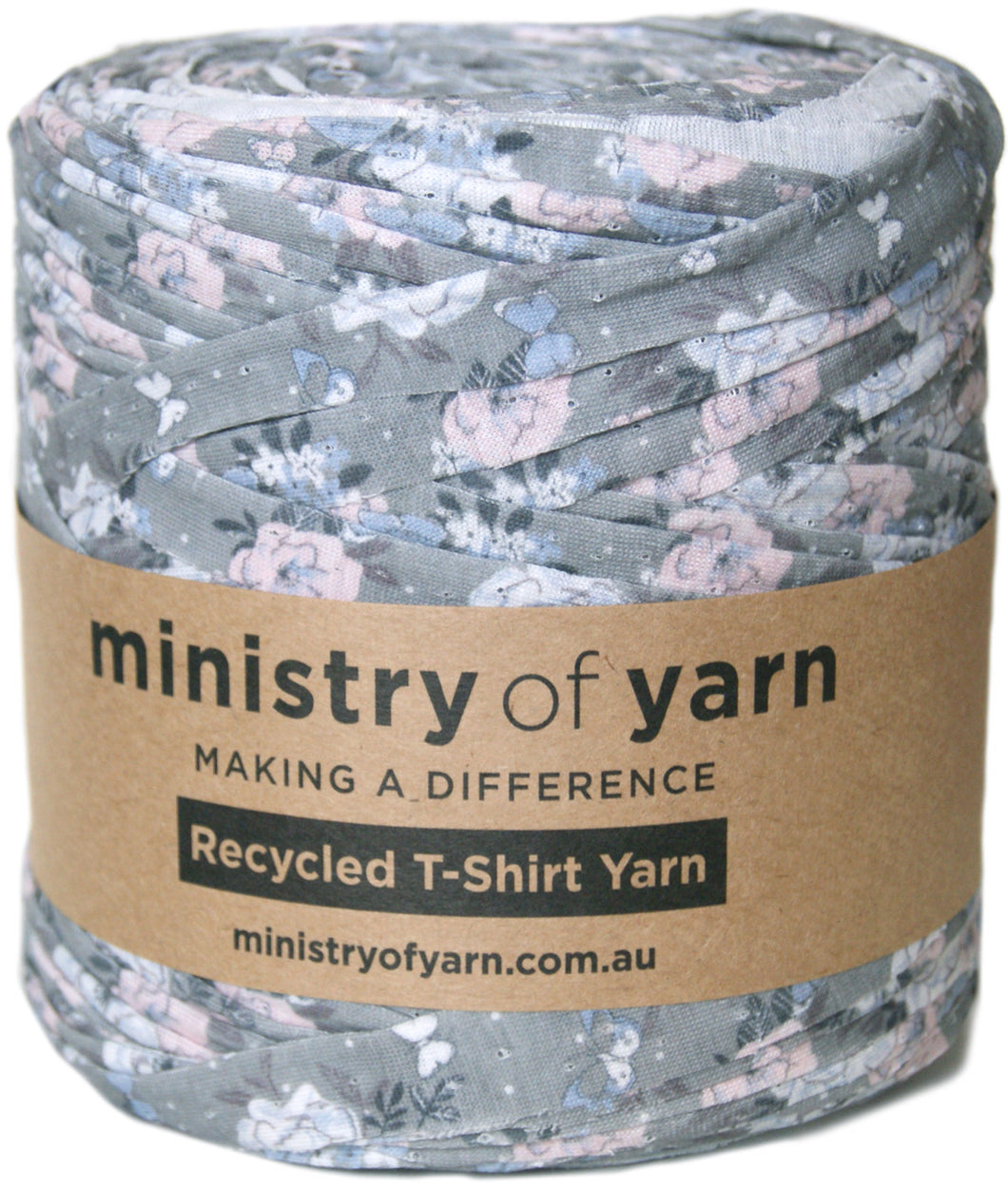 light grey background flower printed recycled tshirt yarn Australia Ministry of Yarn