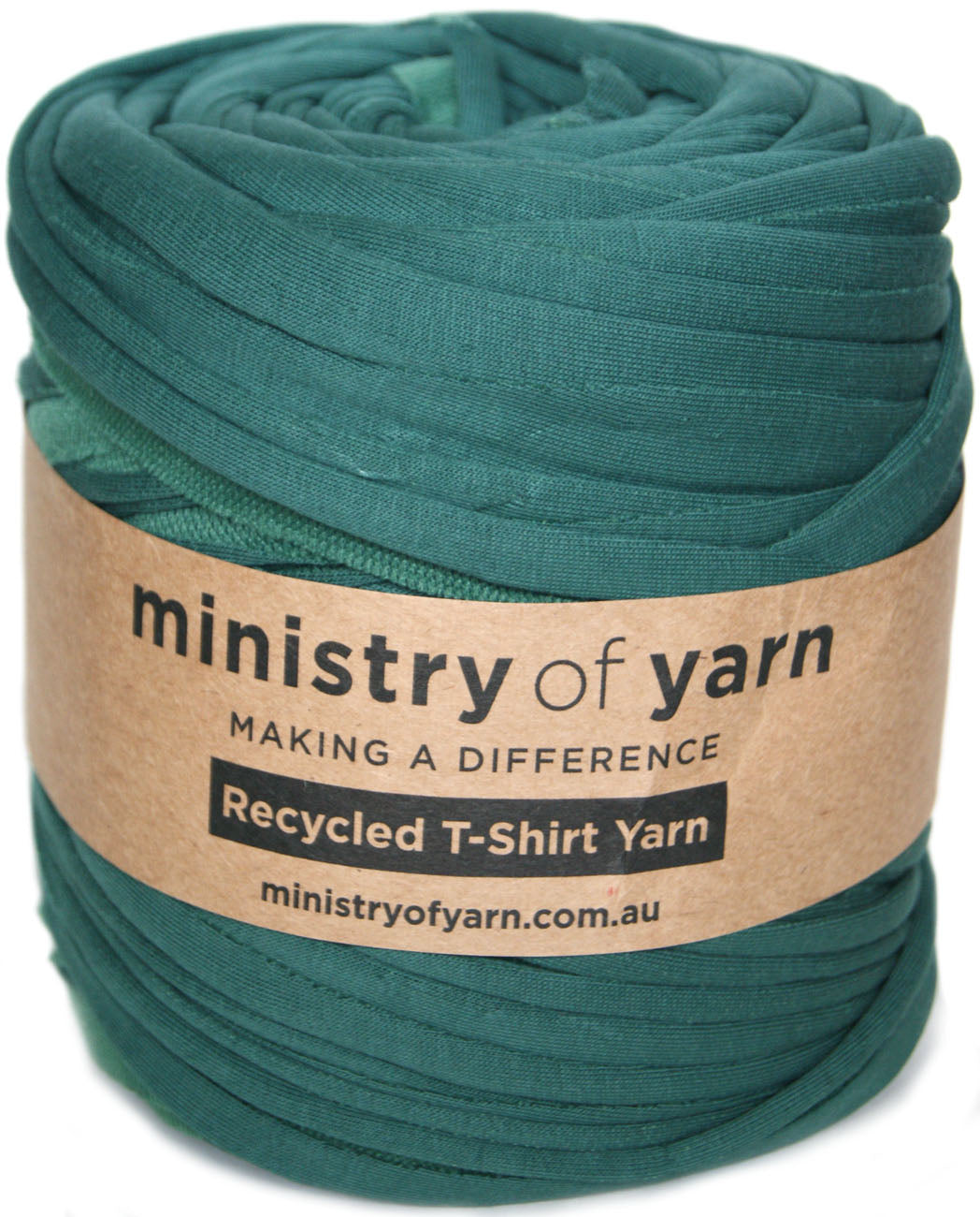 A roll of dark green recycled T-shirt yarn wrapped with a brown kraft paper label that reads 'ministry of yarn'.