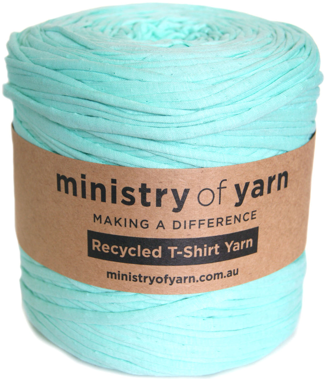 A roll of mint aqua recycled T-shirt yarn wrapped with a brown paper label that reads 'ministry of yarn'.