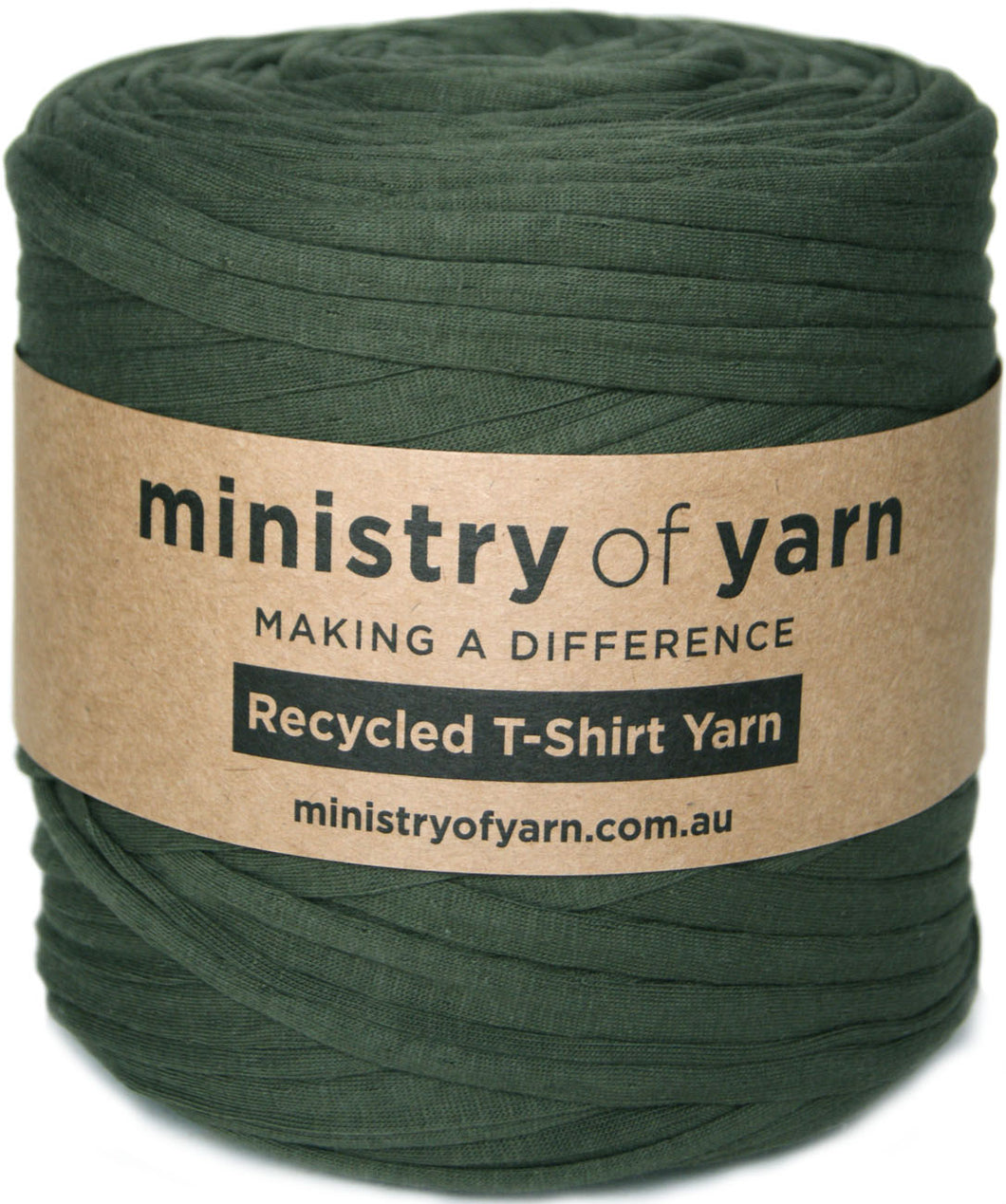 A large spool of dark forest green recycled T-shirt yarn wrapped with a brown kraft paper label that reads 'ministry of yarn'.