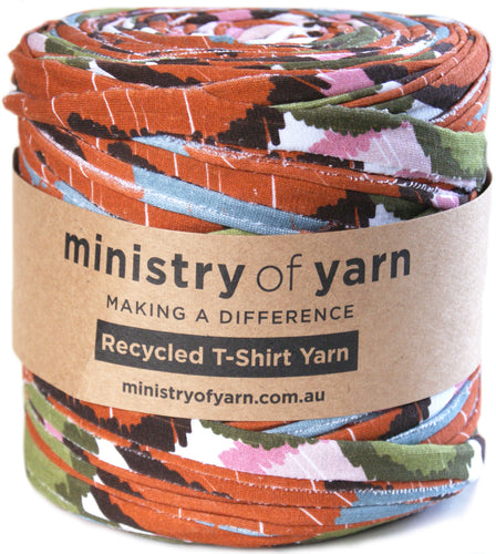 Multicoloured patterned recycled tshirt yarn Australia Ministry of Yarn