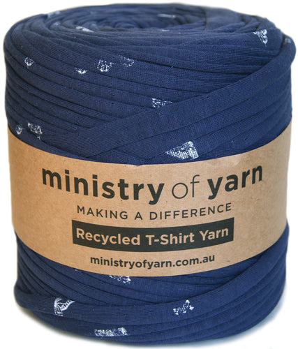 Dark blue with white images printed recycled tshirt yarn Australia Ministry of Yarn