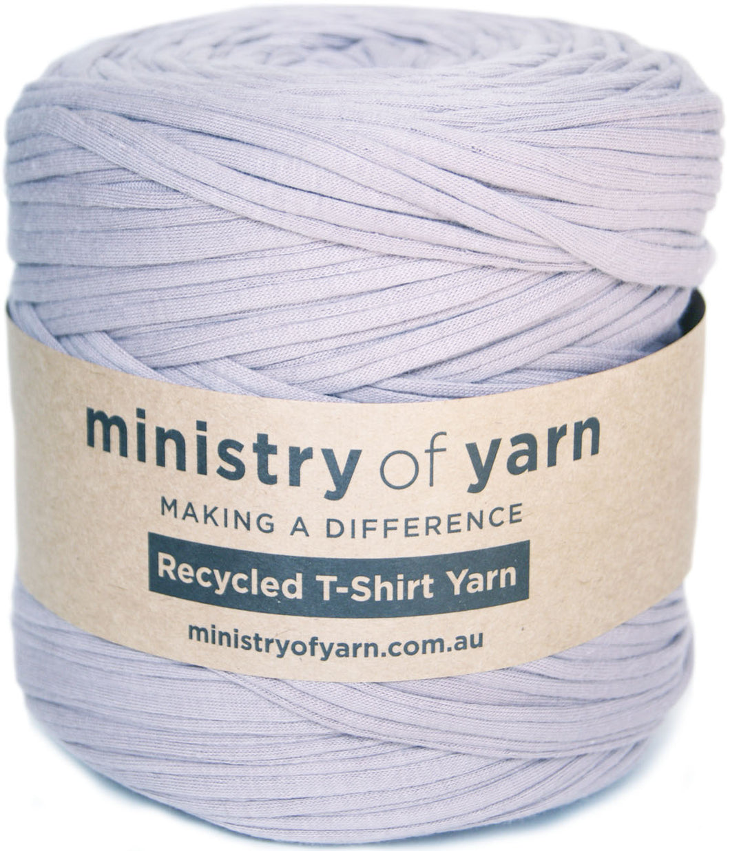 A skein of light lavender-gray recycled T-shirt yarn wrapped in a kraft paper band labeled 'ministry of yarn'.