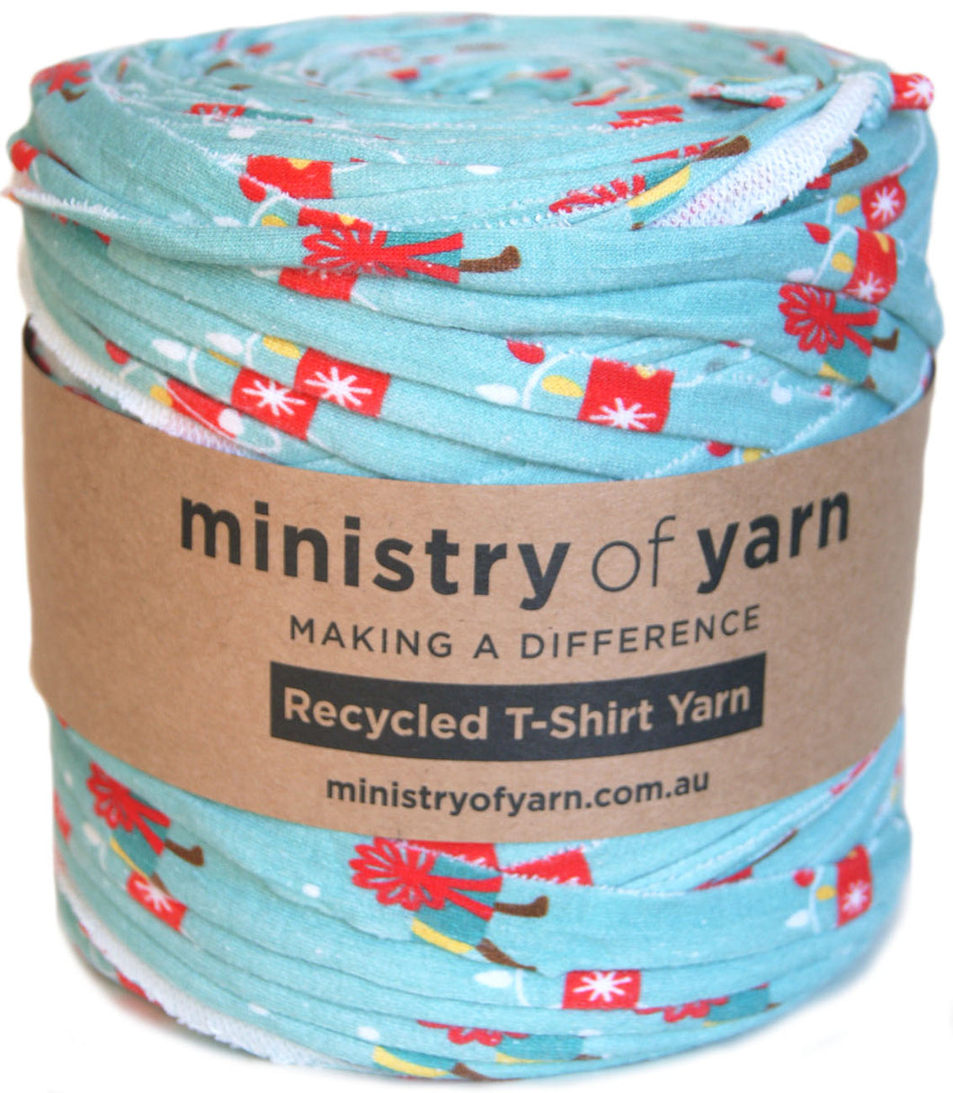 Light turquoise christmas print french terry tshirt yarn Australia Ministry of Yarn