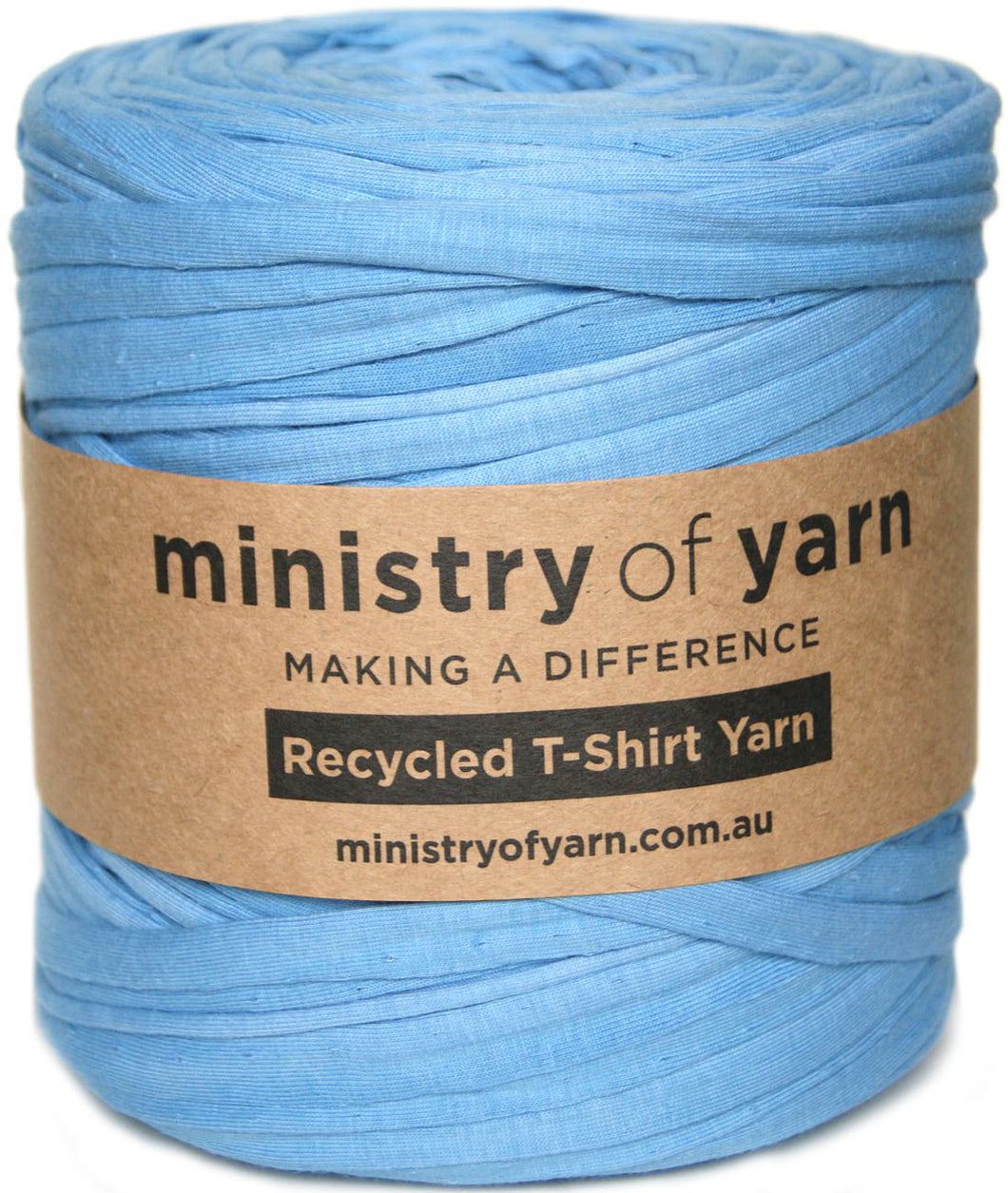 A spool of light blue recycled T-shirt yarn wrapped with a brown paper label that reads 'ministry of yarn' and 'Recycled T-Shirt Yarn'.