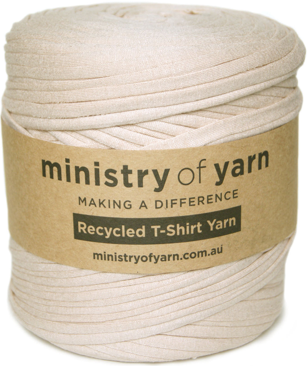 A spool of off-white recycled t-shirt yarn wrapped with a brown paper label that reads 'ministry of yarn'.