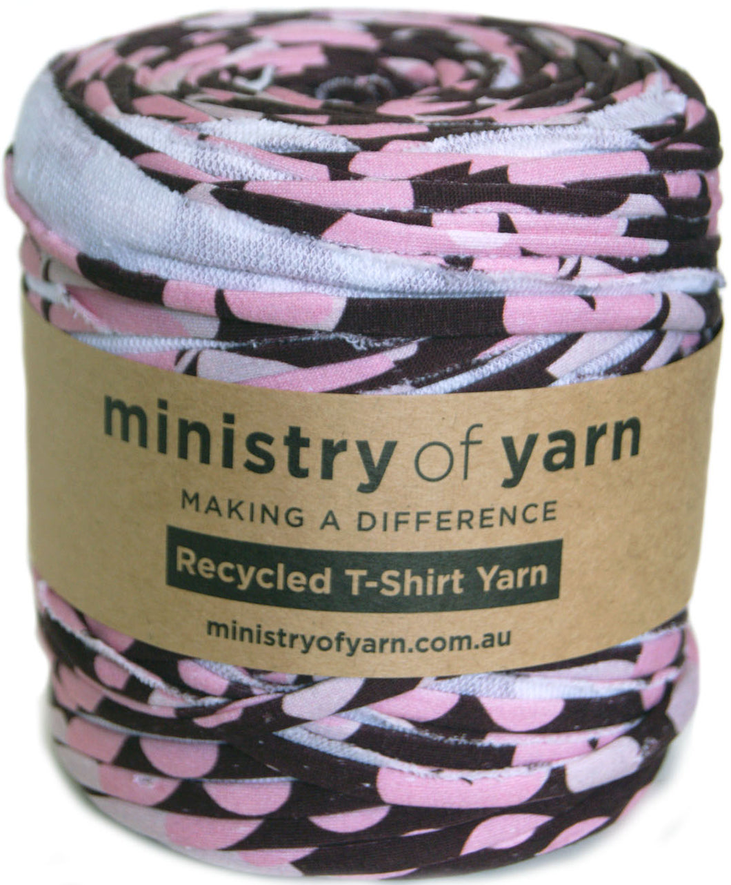 A spool of Ministry of Yarn recycled T-shirt yarn with a pink, burgundy, and light pink mod daisy pattern, wrapped in a brown paper label.
