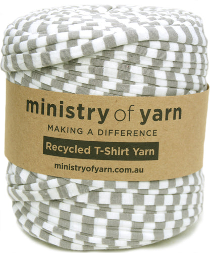 grey and white striped recycled tshirt yarn Australia Ministry of Yarn