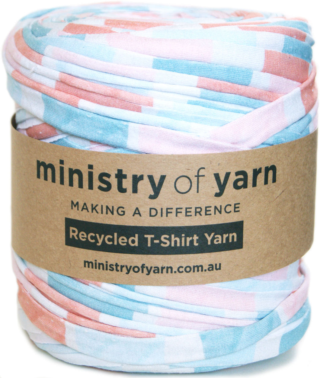 A roll of Ministry of Yarn recycled T-shirt yarn with a pastel orange, light blue, and white striped pattern, wrapped in a brown paper label.