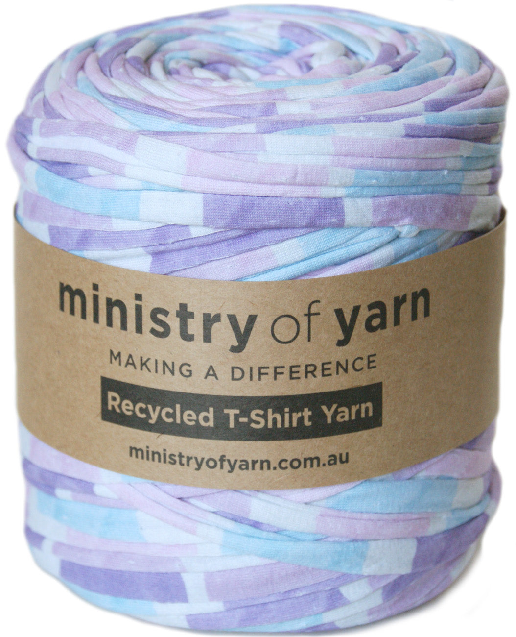 Pastel purple, blue white recycled tshirt yarn Australia Ministry of Yarn