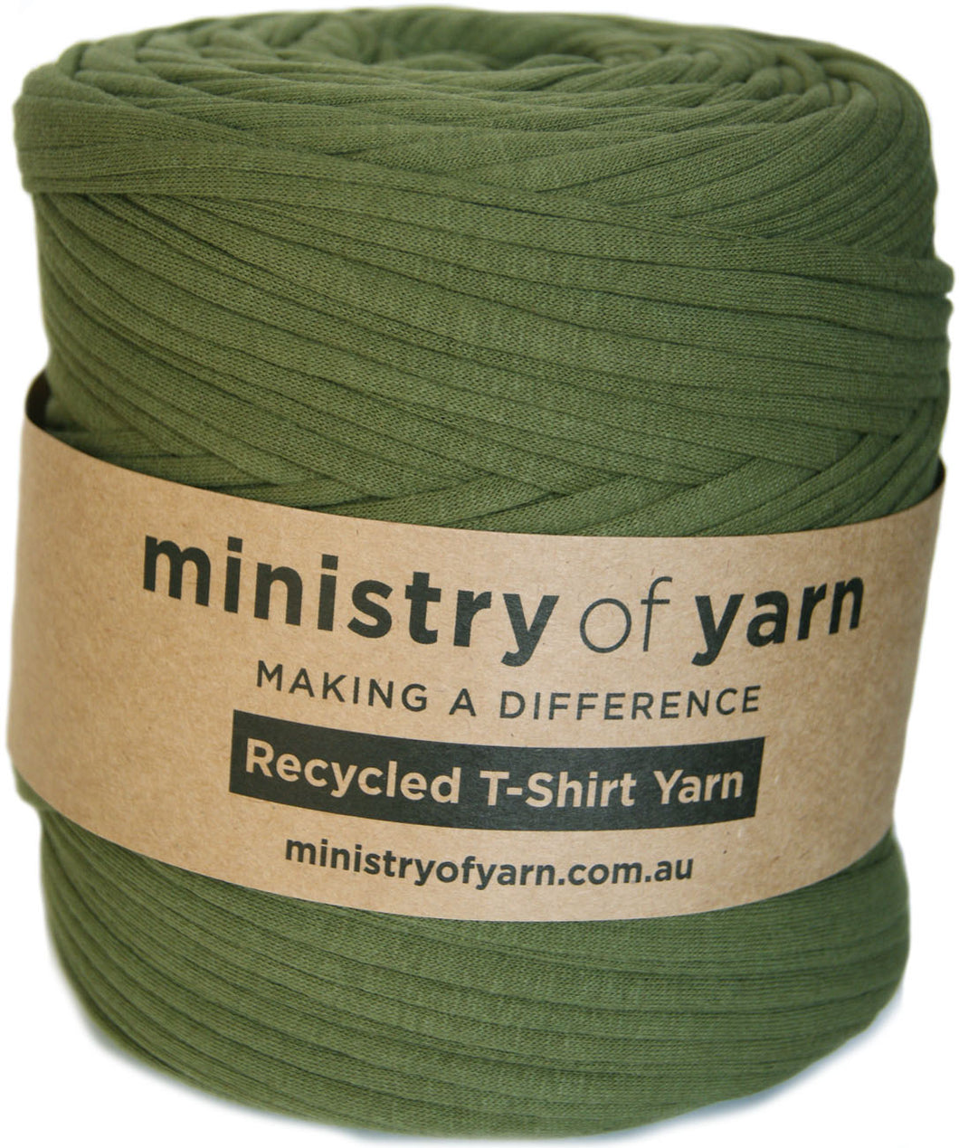 Green yarn roll with 'ministry of yarn' label on a white background