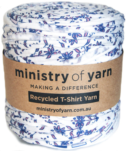 white background with purple flowers recycled tshirt yarn Australia Ministry of Yarn