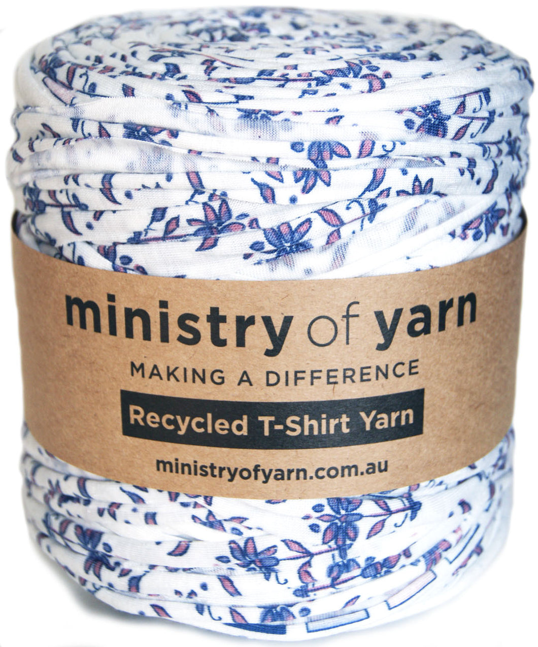 white background with purple flowers recycled tshirt yarn Australia Ministry of Yarn