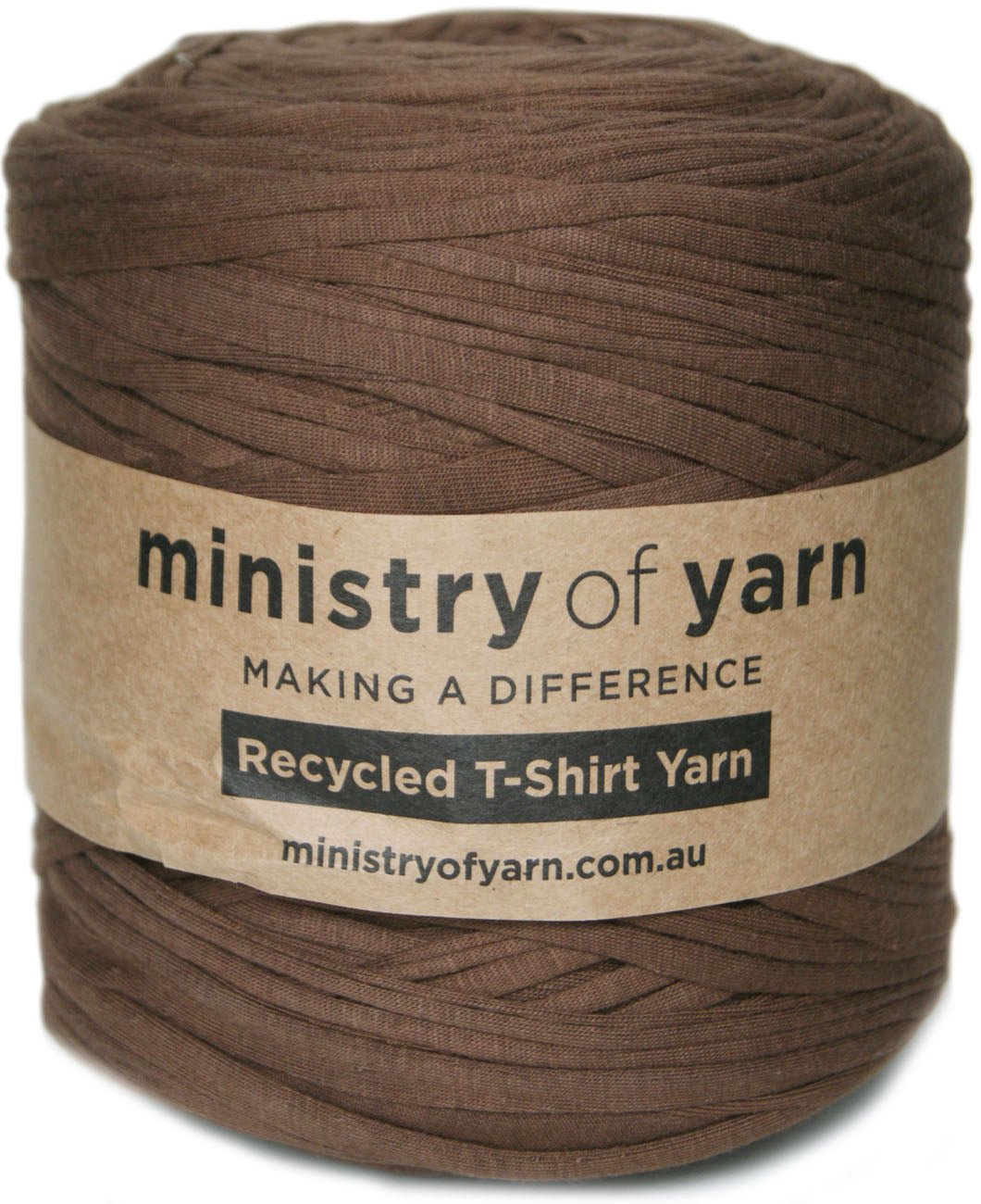A ball of brown recycled T-shirt yarn with a kraft paper label that reads 'ministry of yarn' and 'Recycled T-Shirt Yarn'.