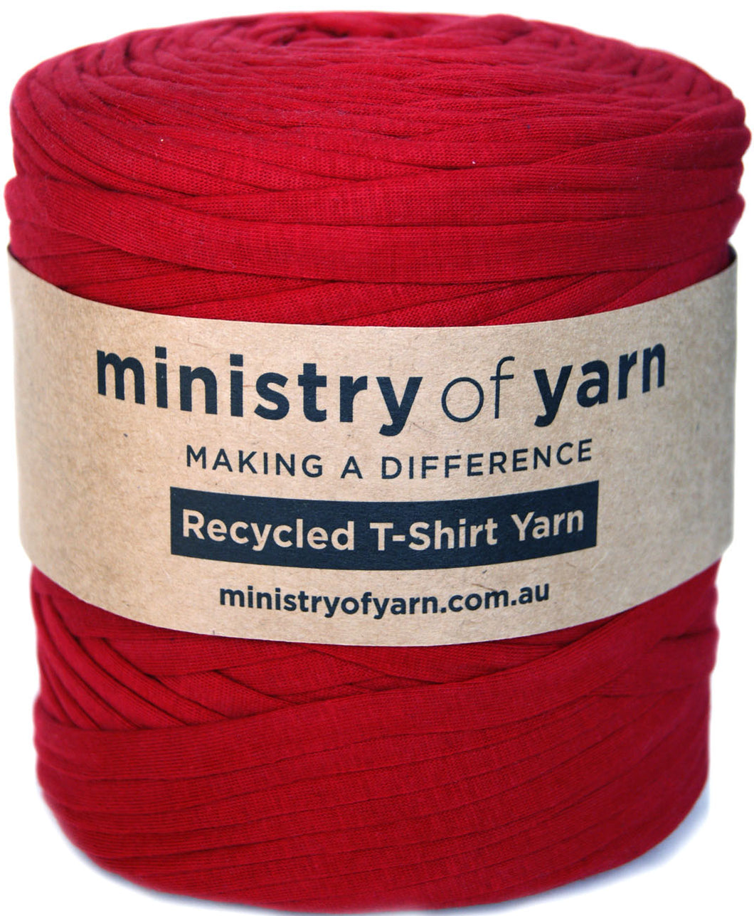 A roll of red recycled T-shirt yarn with a kraft paper label that reads 'ministry of yarn' and 'Recycled T-Shirt Yarn'.